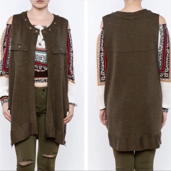 Free People Highway Vest in olive green Heathered knit studded neck LG - Picture 16 of 16